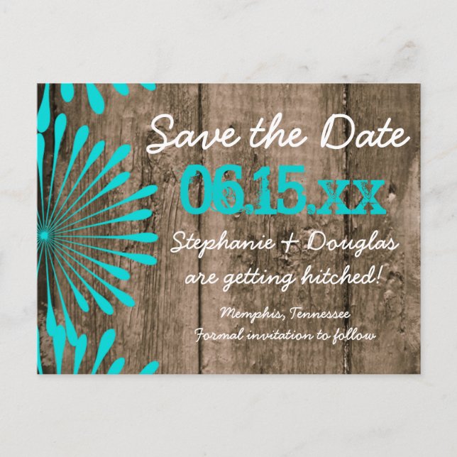 Rustic Barn Wood Teal Save the Date Postcards (Front)