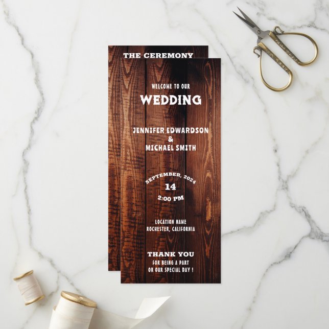 Rustic barn wood typography rural country wedding program (Front/Back In Situ)