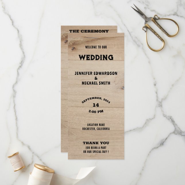 Rustic barn wood typography rural country wedding program (Front/Back In Situ)