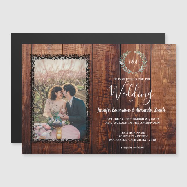 Rustic barn wood vintage photo wedding magnetic invitation (Front/Back)