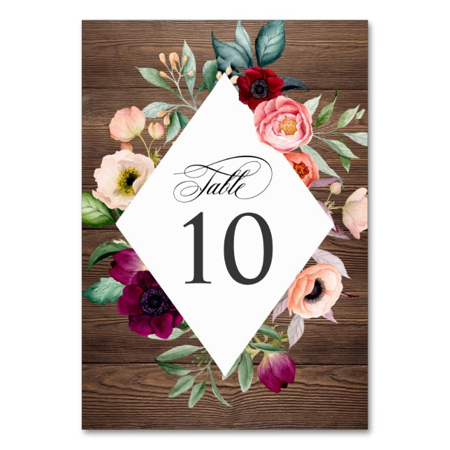 Rustic Barn Wood Wedding Floral Frame Table Number (Front)