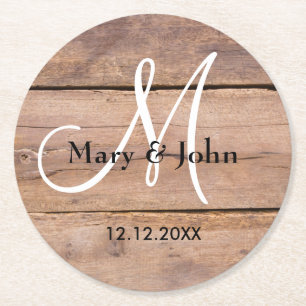 Rustic Barn Wood Wedding Monogram Round Paper Coaster