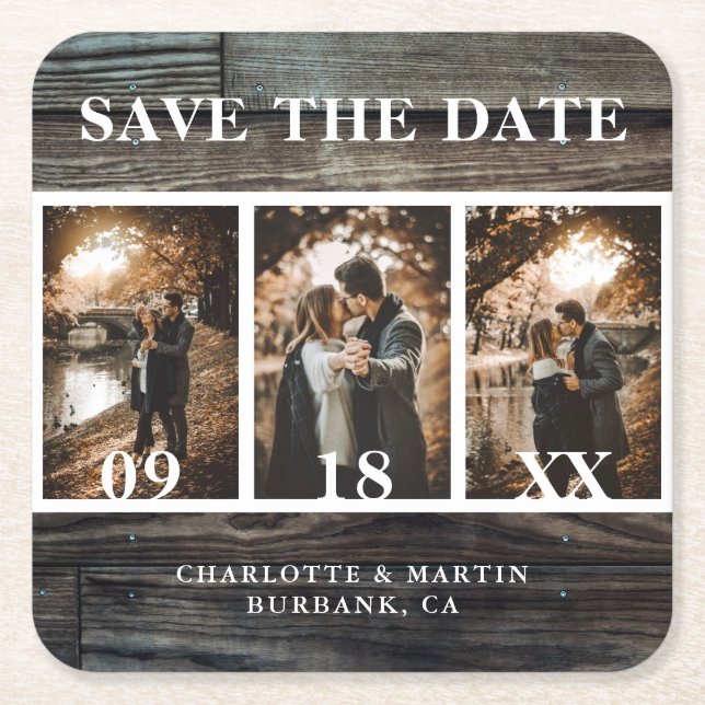 Rustic Barn Wood Wedding Photo Save The Date Square Paper Coaster (Front)