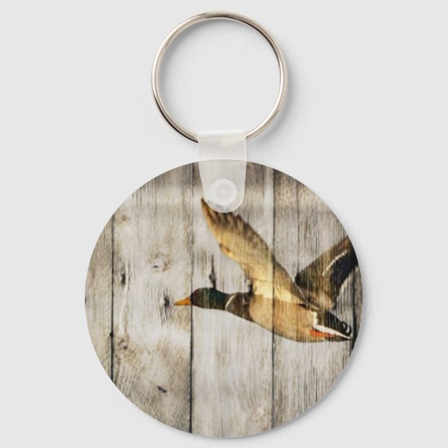 Rustic Barn wood Western Country flying Wild Duck Key Ring (Front)