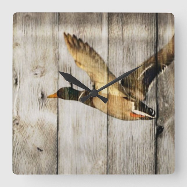 Rustic Barn wood Western Country flying Wild Duck Square Wall Clock (Front)