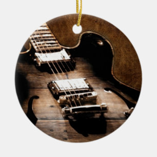 Rustic Barn Wood Western Country Music Guitar Ceramic Tree Decoration