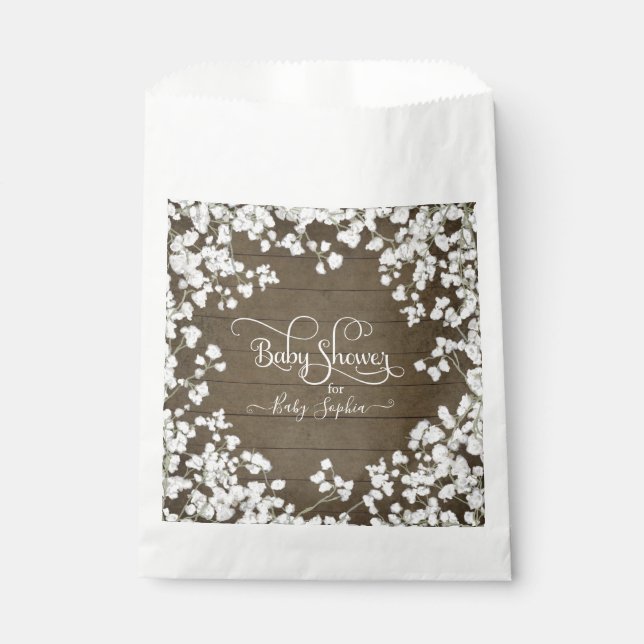 Rustic Barn Wood White Boho Floral Baby Shower Favour Bag (Front)