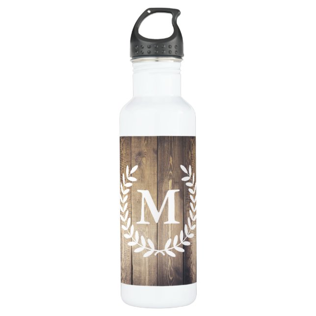 Rustic Barn Wood & White Country Laurels Monogram 710 Ml Water Bottle (Front)