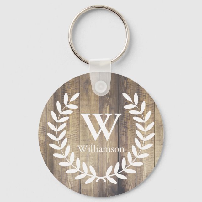 Rustic Barn Wood & White Country Laurels Monogram Key Ring (Front)