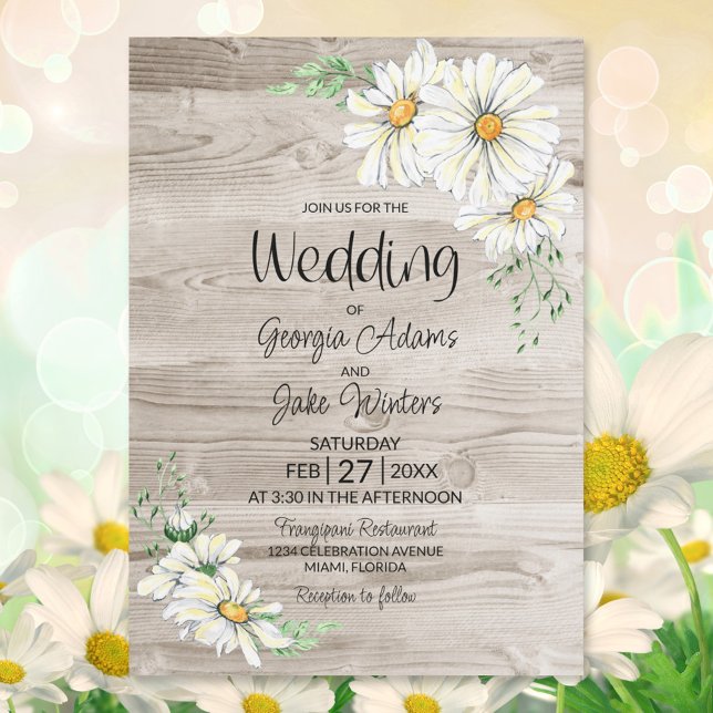 Rustic Barn Wood White Daisies Wedding Invitation (Creator Uploaded)