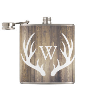 Rustic Barn Wood & White Deer Antlers Hip Flask