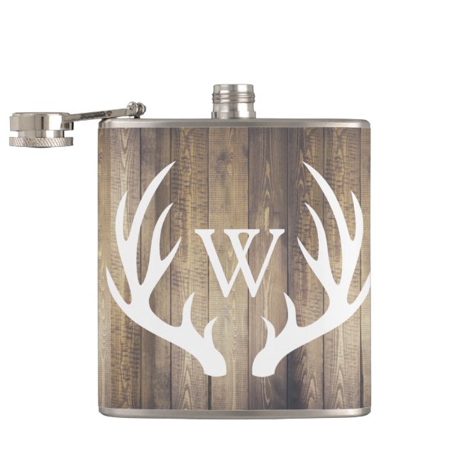 Rustic Barn Wood & White Deer Antlers Hip Flask (Opened)