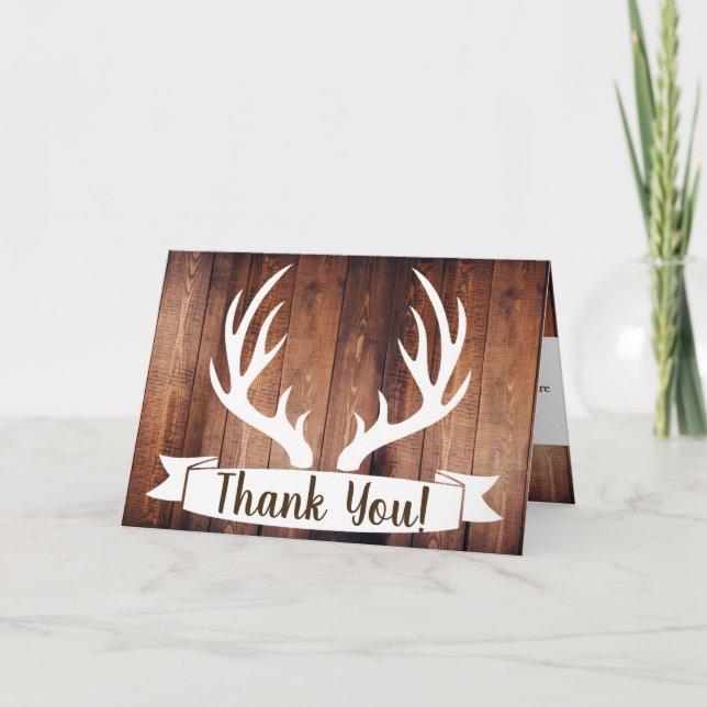 Rustic Barn Wood & White Deer Antlers Thank You Card (Front)