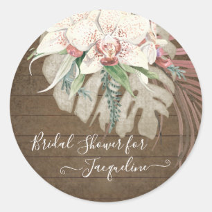 Rustic Barn Wood White Orchid Sage Floral Foliage Classic Round Sticker
