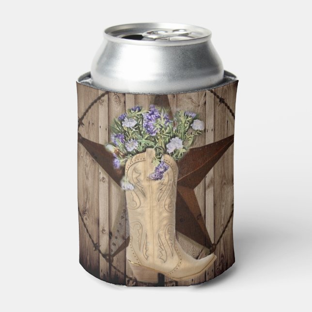 rustic barn wood wildflower cowboy western star can cooler (Can Front)