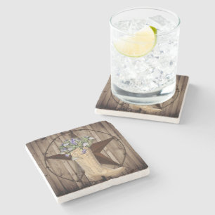 rustic barn wood wildflower cowboy western star stone coaster