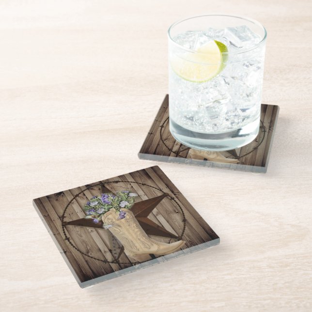 rustic barn wood wildflower Western country cowboy Glass Coaster (Angled)