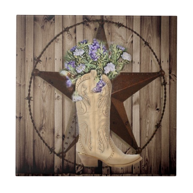 rustic barn wood wildflower western star cowgirl ceramic tile (Front)