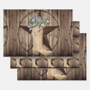 rustic barn wood wildflower western star cowgirl wrapping paper sheet