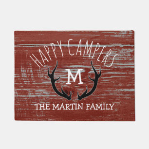 Rustic Barnwood Antlers Family Name Happy Campers Doormat