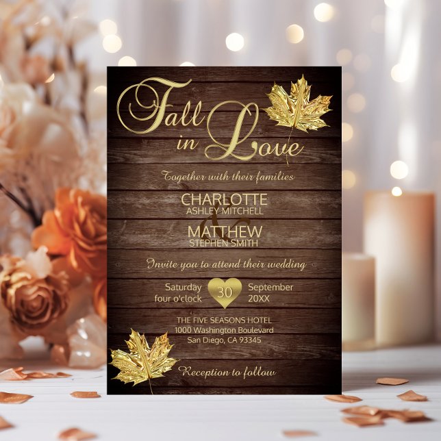 Rustic Barnwood Country Gold FALL IN LOVE Wedding Invitation (Rustic Barnwood Country Gold FALL IN LOVE Wedding Invitation)