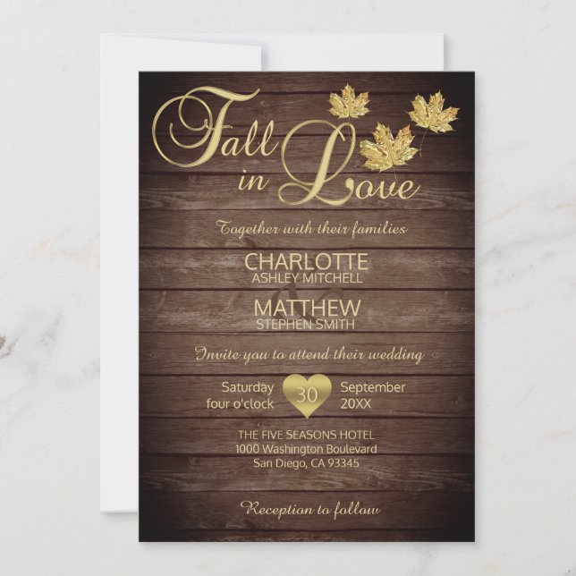 Rustic Barnwood Country Gold FALL IN LOVE Wedding Invitation (Front)