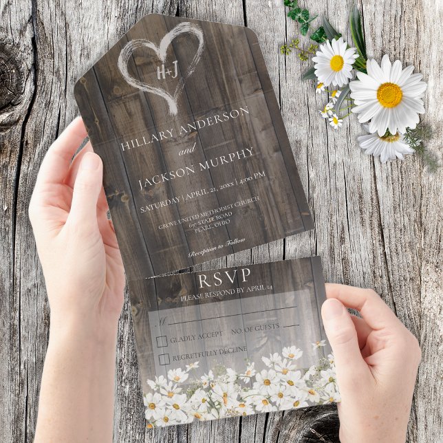 Rustic Barnwood & Daisies No Dinner All In One Invitation (Creator Uploaded)