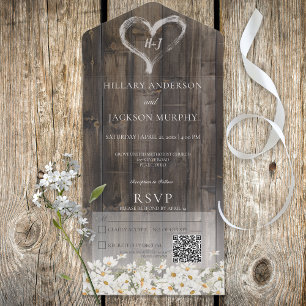 Rustic Barnwood & Daisies QR Code All In One Invitation