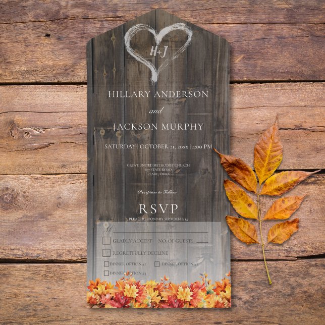 Rustic Barnwood & Fall Leaves Dinner All In One Invitation (Rustic Barnwood & Fall Leaves Dinner All In One Invitation)
