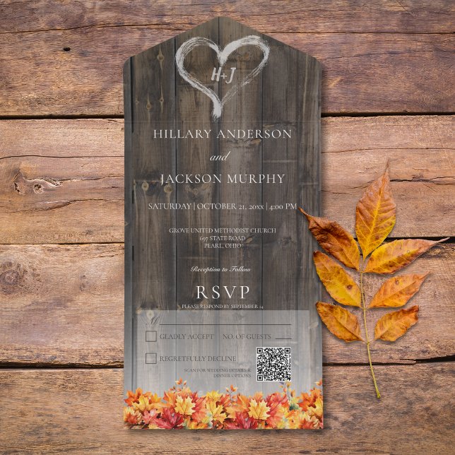 Rustic Barnwood & Fall Leaves QR Code All In One Invitation (Rustic Barnwood & Fall Leaves QR Code All In One Invitation)