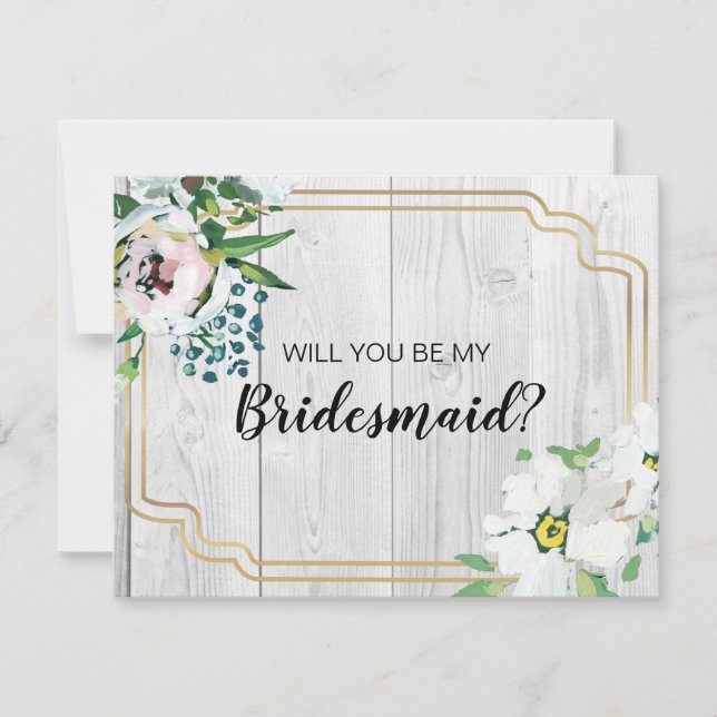 Rustic Barnwood Floral Gold Bridesmaid Proposal Invitation (Front)