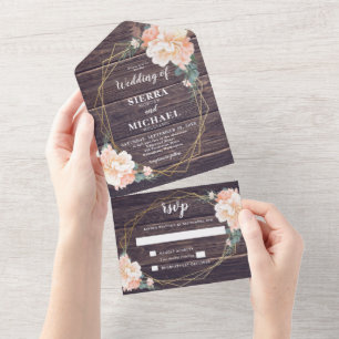 Rustic Barnwood Floral Peach Cream Gold Wedding All In One Invitation