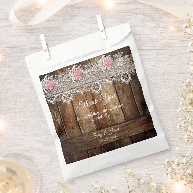 Rustic Barnwood, Lace & Roses Wedding Favour Bag (Clipped)