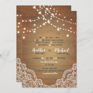 Rustic Barnwood Lace String Lights Wedding W/RSVP Invitation