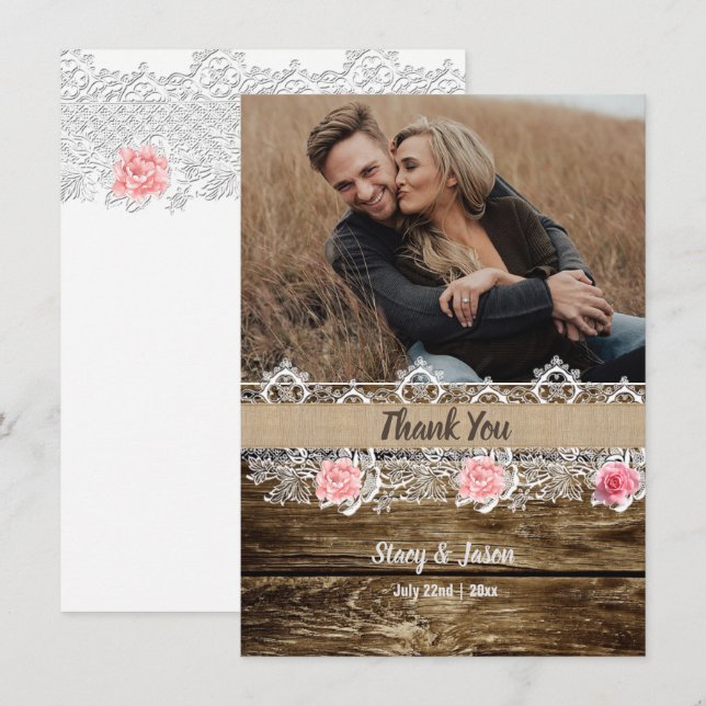 Rustic Barnwood & Lace Wedding  Thank You Card (Front/Back)