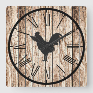 Rustic Barnwood-Look Farmhouse Rooster Design Square Wall Clock