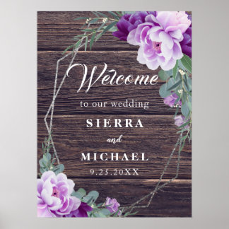 Rustic Barnwood Silver & Purple Floral Wedding Poster