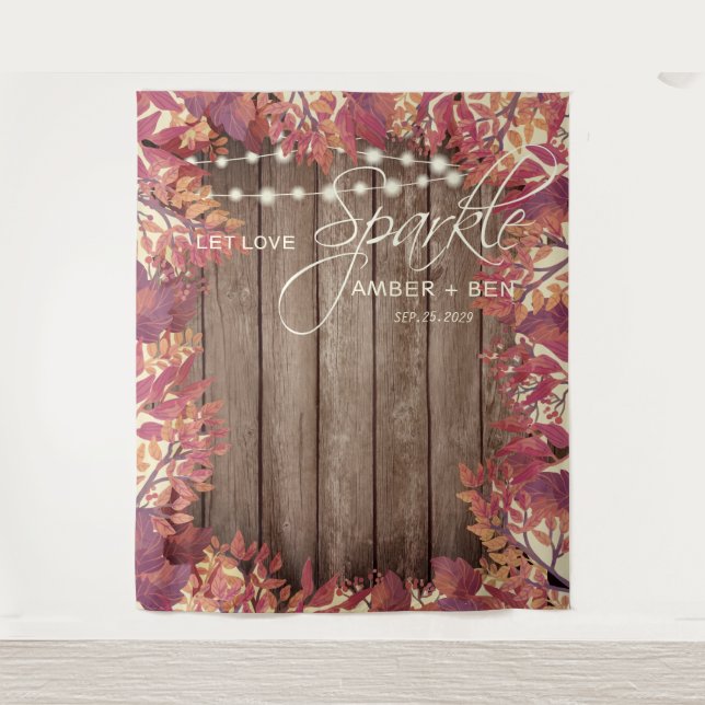Rustic Barnwood String Lights Floral Fall Wedding Tapestry (Front)