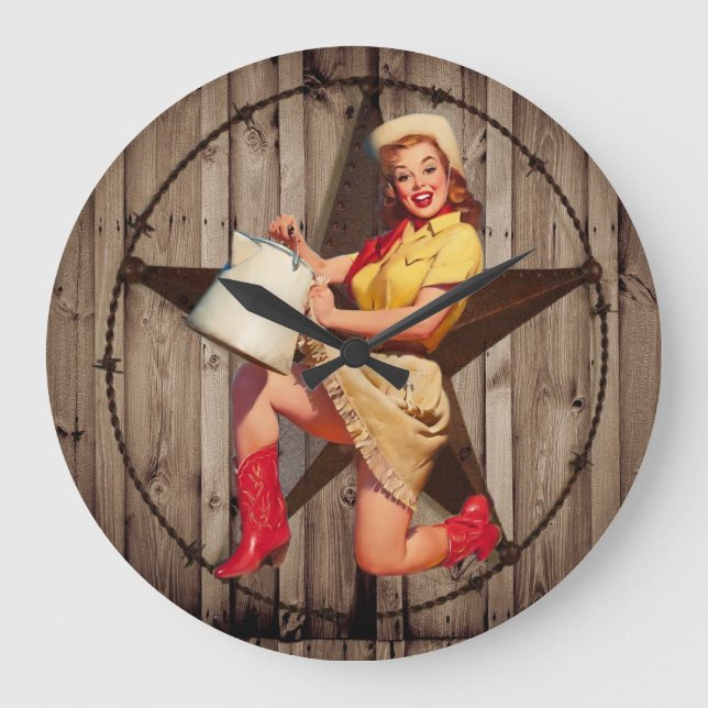rustic BarnWood texas star western country cowgirl Large Clock (Front)