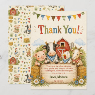 Rustic Barnyard 2nd Birthday kids Party Thank You Card