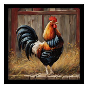 Rustic Barnyard Rooster Glossy Poster