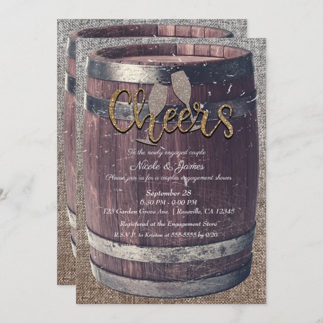 Rustic Barrel & Burlap Cheers Pub Engagement Party Invitation (Front/Back)