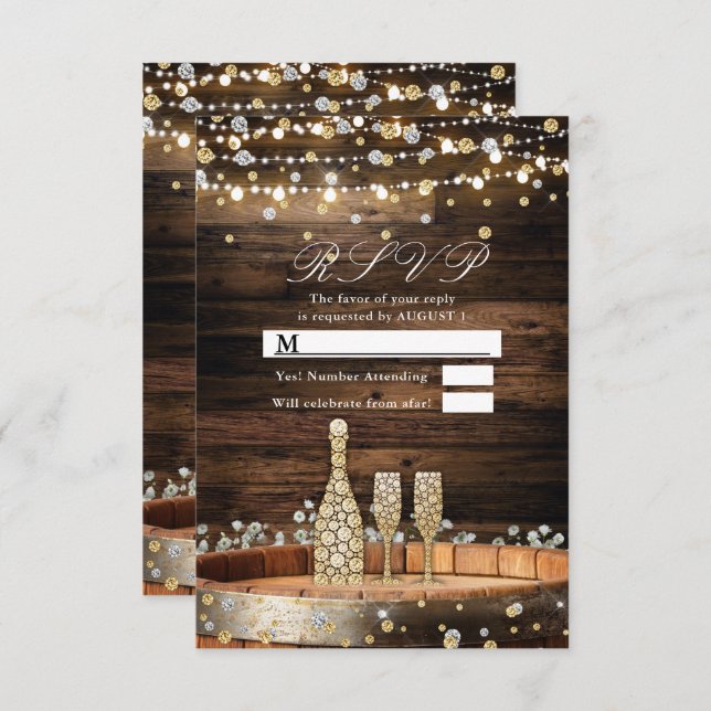 Rustic Barrel Champagne Lights Wedding RSVP Reply  Invitation (Front/Back)