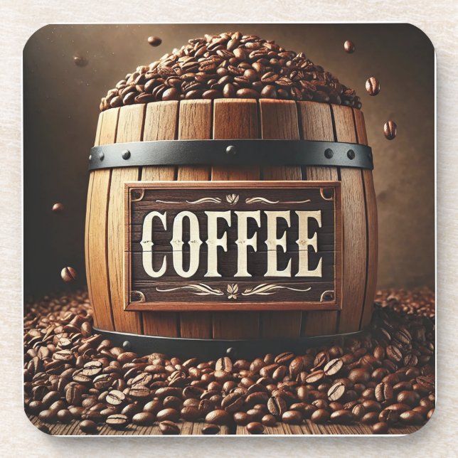 Rustic Barrel of Coffee Beans with Artistic Signag Coaster (Front)
