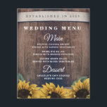 Rustic Barrel Vintage Sunflower Wedding Menu Cards<br><div class="desc">Design features a country rustic wood barrel background with watercolor vintage sunflowers at the bottom. View the matching collection on this page to see coordinating products.</div>