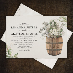 Rustic Barrel White Gold Floral Wedding Invitation