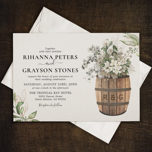 Rustic Barrel White Gold Floral Wedding Invitation (Creator Uploaded)