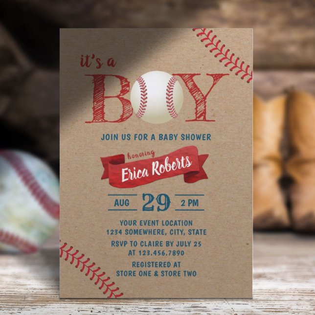 Rustic Baseball Boy Sports Theme Kraft Baby Shower Invitation (Creator Uploaded)