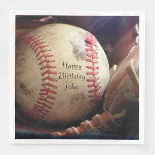 Rustic Baseball Happy Birthday Name Napkins