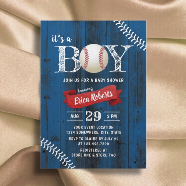 Rustic Baseball Sports Navy Wood Boy Baby Shower Invitation (Creator Uploaded)